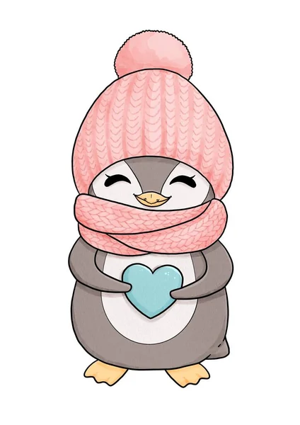 Cute Baby Penguin Pink Hat Scarf Illustration Perfect Postcards Invitation — Stock Photo, Image