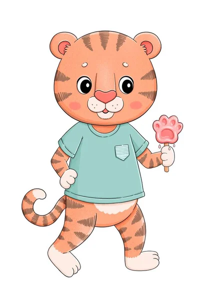 Lindo Tigre Camiseta Con Helado Esta Ilustración Perfecta Para Postales —  Fotos de Stock