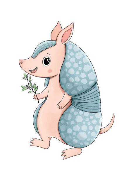 Cute Little Blue Armadillo Green Flower Illustration Perfect Postcards Invitation — Stock Photo, Image