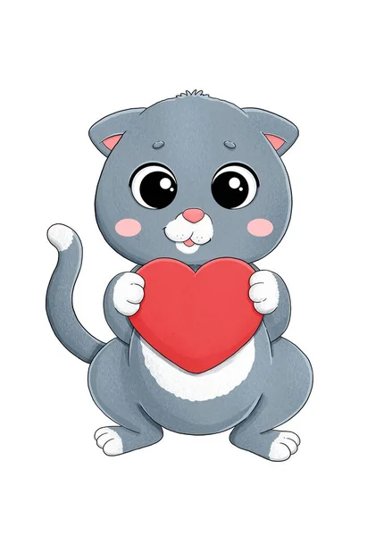 Lindo gatito gris con corazón rojo —  Fotos de Stock