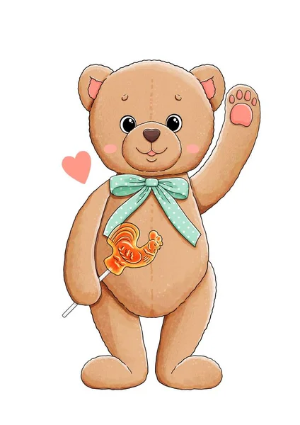 Ursinho bonito com pirulito e coração — Fotografia de Stock