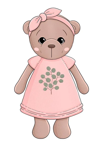 분홍색 드레스를 입고 꽃을 들고 있는 귀여운 곰 — 스톡 사진