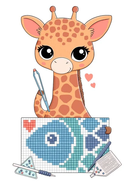 Girafă drăguță pentru copii cu broderie, pește, diamant — Fotografie, imagine de stoc
