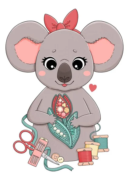 Drăguț koala cu broderie, broșă de lalele roșii — Fotografie, imagine de stoc