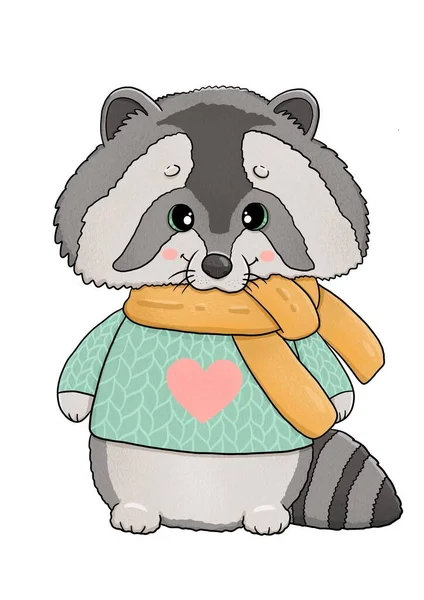 Cute raccoon in yellow scarf and mental sweater — Stock Photo, Image