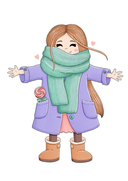 Carino bambina in cappotto lilla con sciarpa — Foto Stock
