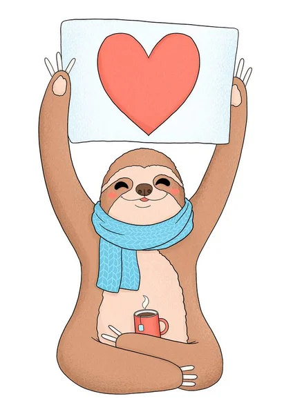 Милий лінивець в шарфі з кавою і серцем — стокове фото
