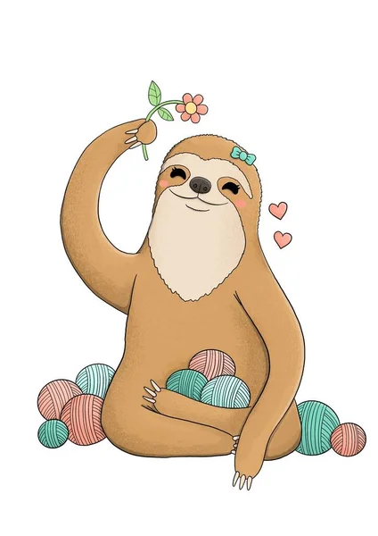 Cute sloth with flower and yarn balls — Stock Photo, Image