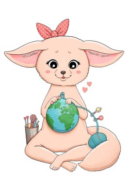 Şirin fennec tilki örgü örüyor Dünya gezegeni, eğil