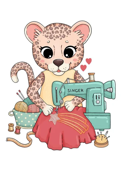 Cute leopard with sewing machine, star, needles