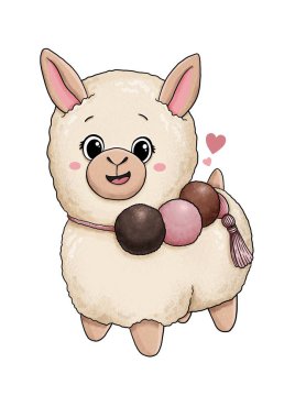 Puponları ve kalbi olan sevimli küçük alpaka.