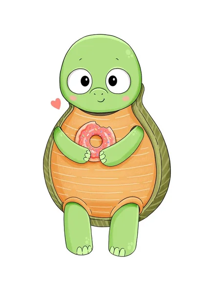 Cute little szczęśliwy żółw z różowym pączkiem — Zdjęcie stockowe