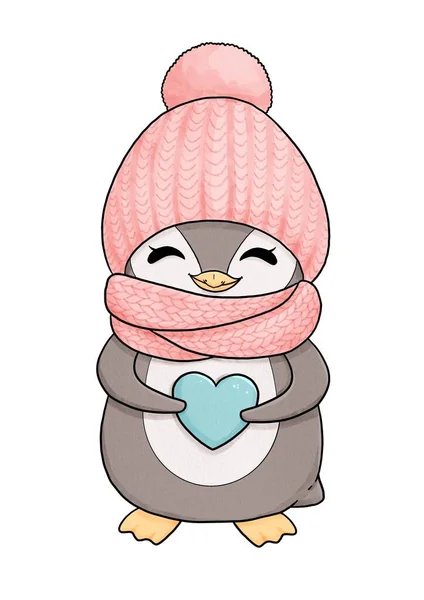 Cute baby penguin in pink hat and scarf — Stock Photo, Image