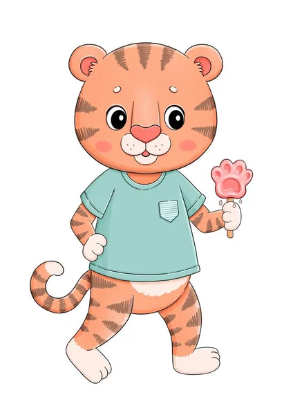 Niedlicher kleiner Tiger im T-Shirt mit Eis — Stockfoto