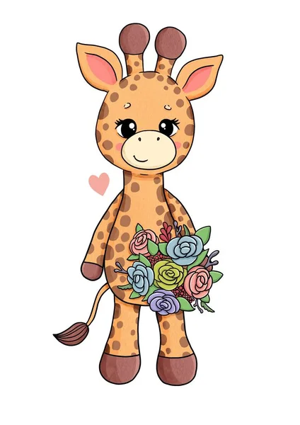 可爱的长颈鹿，开着五颜六色的美丽花朵 — 图库照片