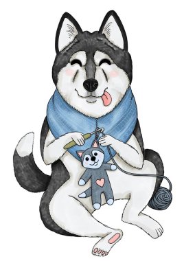 Şirin köpek, boğuk bir oyuncak örüyor.