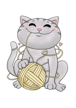İplik yumağıyla komik gri kedi