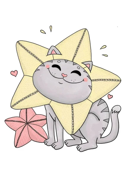 Chat gris drôle avec oreiller en forme d'étoile, crochet — Photo