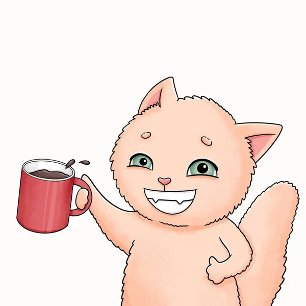 Gato con taza de café, lindo animal adicto al café — Foto de Stock