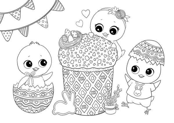Easter chicken coloring drawing, black and white — Stock Photo, Image