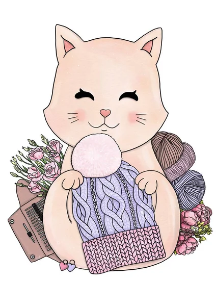 Pisica de tricotat cu accesorii tricotate, bile de fire — Fotografie, imagine de stoc