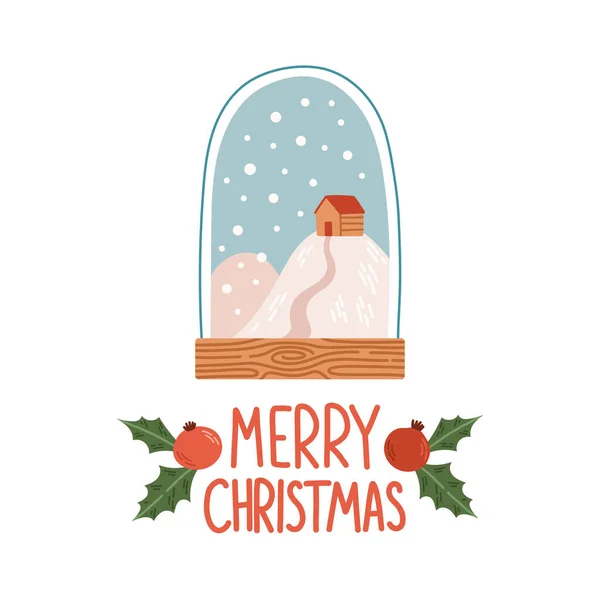 Crăciun Fericit Glob Zăpadă Litere Design Plat Izolat Vector Ilustrare — Vector de stoc