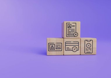 Dikey ayakta duran üç tahta blok. Ön manzara. Bloklar bankacılık ve kredi konularının simgelerini gösteriyor. Mezuniyet geçmişi. 3d oluşturma.