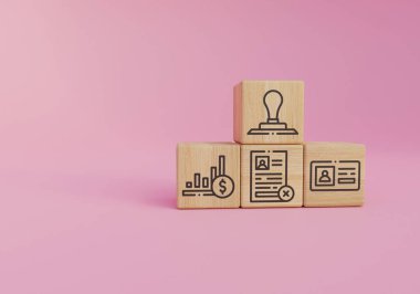 Dikey ayakta duran üç tahta blok. Ön manzara. Bloklar bankacılık ve kredi konularının simgelerini gösteriyor. Mezuniyet geçmişi. 3d oluşturma.