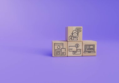 Dikey ayakta duran üç tahta blok. Ön manzara. Dijital Göçebe simgeleri bloklarda gösteriliyor. Mezuniyet geçmişi. 3d oluşturma.