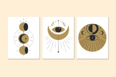 El çizimi stilinde soyut Boho Poster Set mitoloji ve mistik çizimler koleksiyonu
