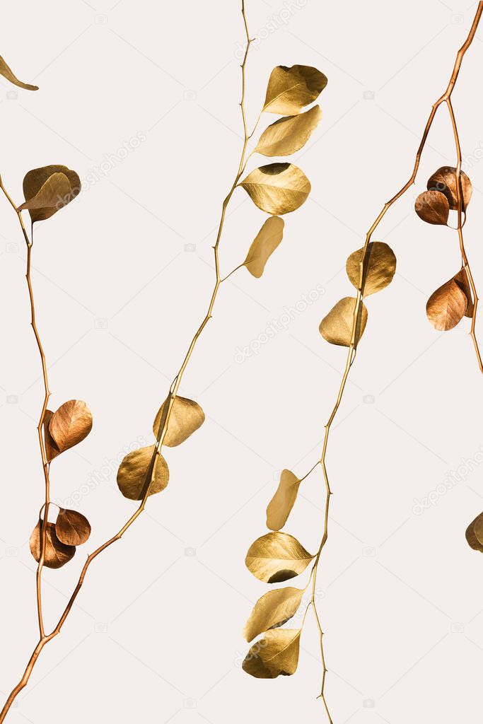 Eucalipto dorado sobre fondo beige. Elementos decorativos para invitación, tarjetas de boda