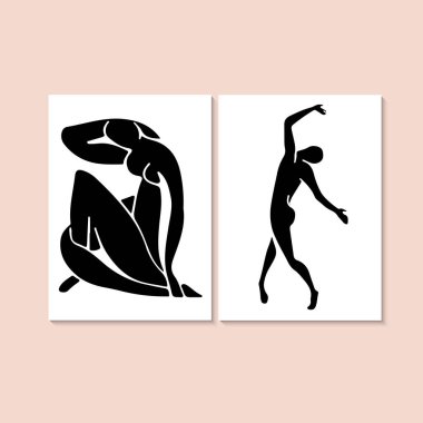 Matisse tarzı. Kadın vücudu modası yaratıcı sanatsal poster. Duvar dekoru, el çizimi kolaj seti. Vektör illüstrasyonu.