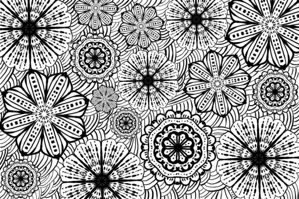 Czarno Białe Tekstury Mandali Wzór Kwiatów Monochromatyczne Kolory Ręcznie Rysowana — Zdjęcie stockowe