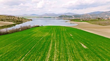 aerial view of the green fields and mountains in the background