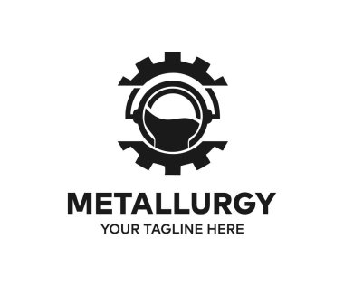 Metalurji ve dökümhane, demir erimiş metal dişli dökme, logo tasarımı. Ağır sanayi ve mühendislik, endüstriyel, vektör tasarımı ve illüstrasyon