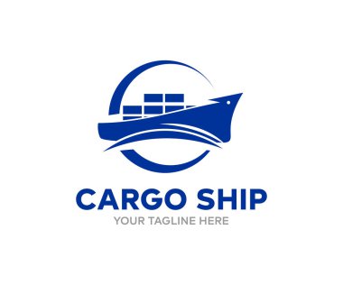 Okyanusta kargo gemisi, nakliye, nakliye logosu tasarımı. Deniz aracı, vektör tasarımı ve illüstrasyon.