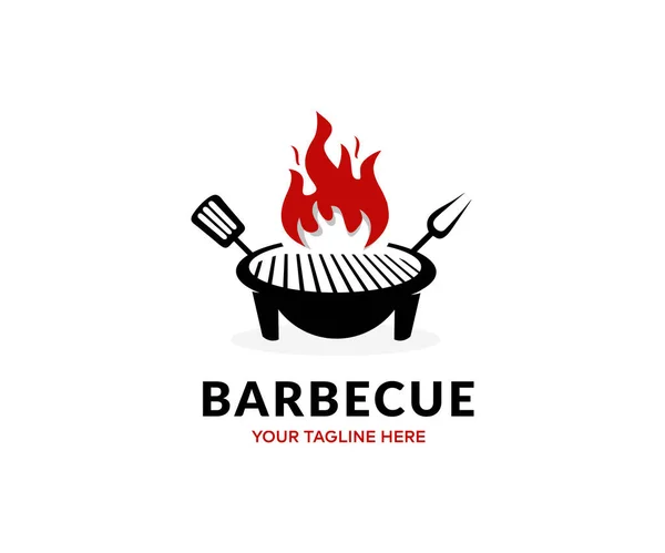 Barbecue Grill Grillen Kochen Fleisch Flammender Grill Mit Logo Design — Stockvektor