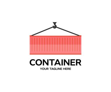 Konteynır logosu tasarımında uluslararası konteyner kargo nakliyesi ve kargo uçağının nakliye lojistiği. Yük taşımacılığı, Uluslararası küresel taşımacılık vektör tasarımı ve illüstrasyonu.