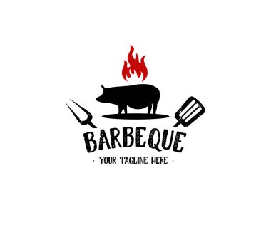 Domuz eti ve çapraz spatula çatalı ile barbekü mangalı davetiyesi, hipster tarzı logo tasarımı. Gerçekçi kurdele ve ateş elemanı vektör tasarımı ve illüstrasyonuyla.