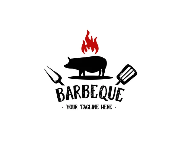 Barbeque Bbq Logo Invitation Pig Pork Crossed Spatula Fork Hipster — Stock Vector