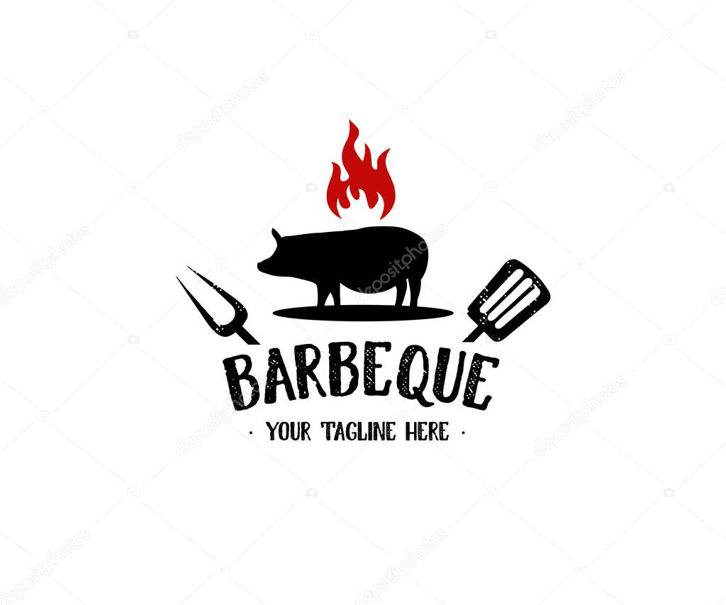 Barbeque BBQ logo invitation with pig pork and crossed spatula fork, hipster style logo design. With realistic ribbon and fire flame element vector design and illustration.