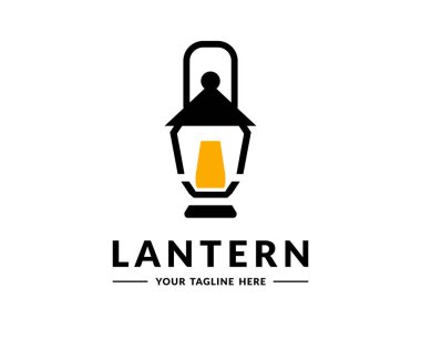 Klasik eski fener aydınlatma logosu tasarımı. Yanan fener, cam gaz lambası. Storm Lantern vektör tasarımı ve çizimi.
