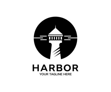 Deniz feneri, Harbor logosu tasarımı. Deniz kulesi, liman vektör tasarımı ve illüstrasyon.