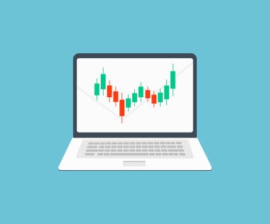 Teknik fiyat grafiği ve göstergesi, Laptop Screen logo tasarımında kırmızı ve yeşil şamdan şeması. Hisse senedi ticareti, kripto para birimi vektör tasarımı ve illüstrasyonu.