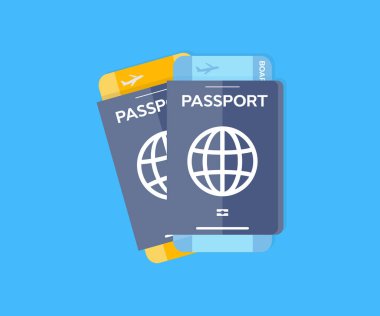 Seyahat pasaportu, uçak biletleri ve logo tasarımlı ülkelerin turistik yerleri. Üst düzey uçak, pasaport. Seyahat veya turizm konsepti vektör tasarımı ve illüstrasyonu.