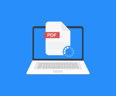 Dizüstü bilgisayar ve PDF dosyası, Pdf belge simgesi logo tasarımı indir. Kavramları indiriyorum. Pdf not defteri iş konsepti. vektör tasarımı ve illüstrasyon.