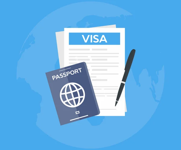 Ontwerp Visumaanvraag Logo Klembord Met Visumaanvraagformulier Paspoort Kaart Pen Laptop — Stockvector
