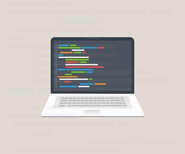 Dizüstü bilgisayarın logo tasarımında metin uygulama penceresini programlayan bir bilgisayar yazılımı. Büyük veri işleme, hesaplama izometrik vektör tasarımı ve resimleme.