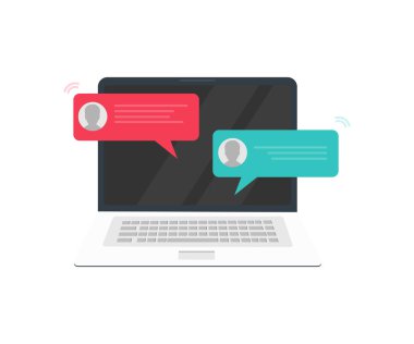 Chat messages on computer online logo design. Workspace or working, chatting bubble notifications, concept of people messaging on internet vector design and illustration.