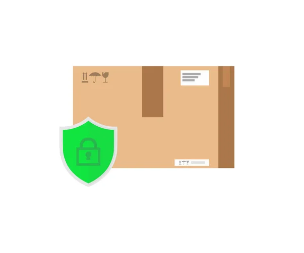 Parcel Box Protected Shield Logo Design Artoon Package Icon Insurance — Vector de stock